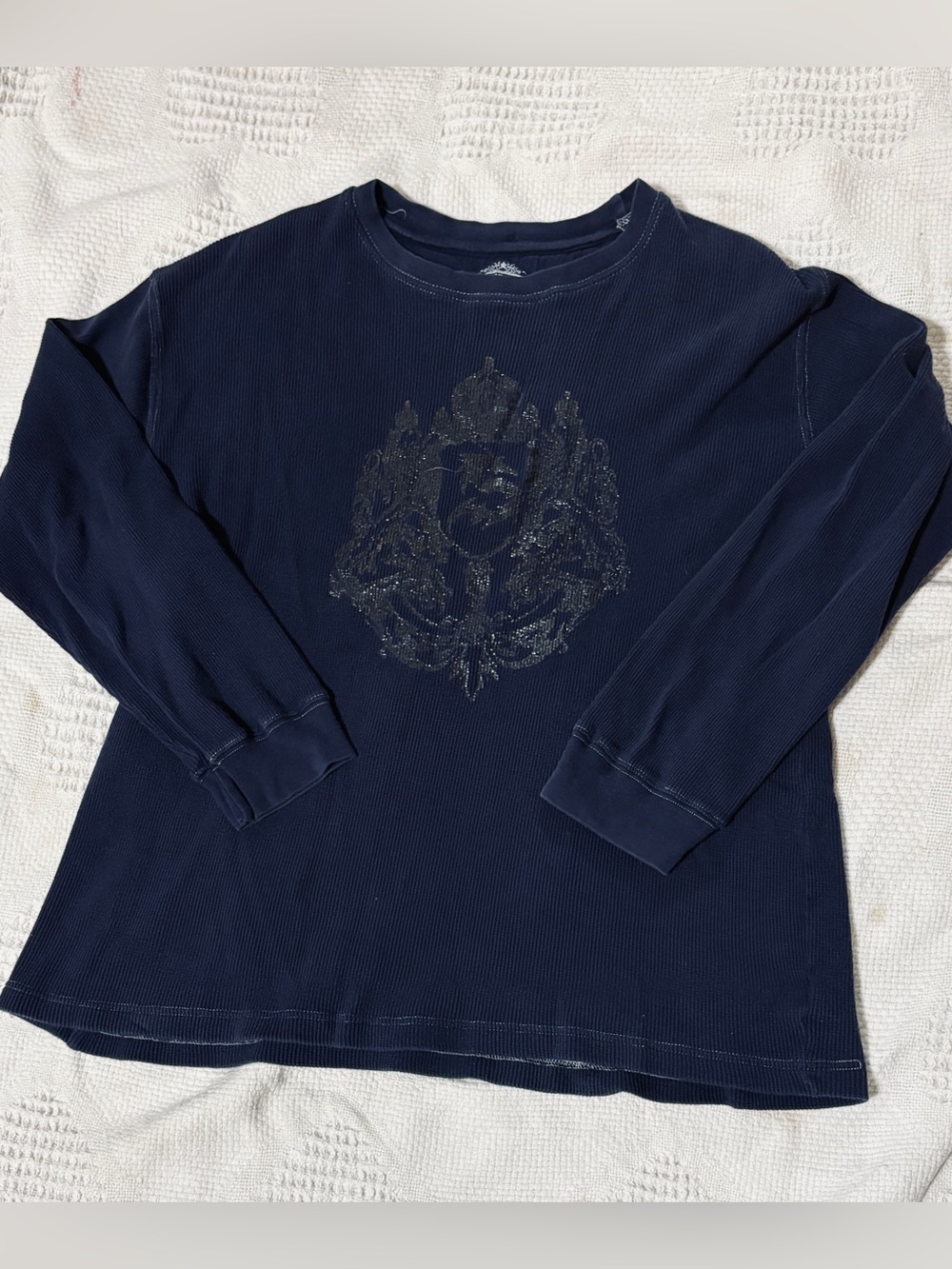 Y2K Navy Blue Long Sleeve waffle knit Shirt with Center Emblem